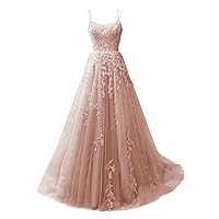 Tulle Prom Dress Lace Appliques Spaghetti Straps Bridesmaid Dresses for Wedding A Line Ball Gowns with Pockets