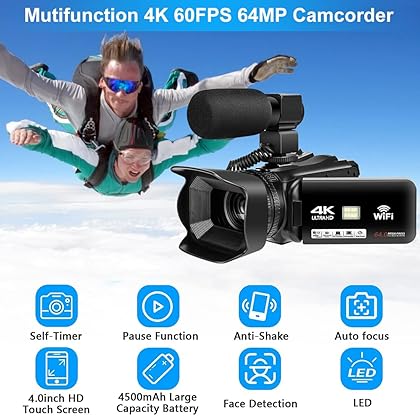 Video Camera 4K HD Auto Focus Camcorder 48MP 60FPS 30X Digital Zoom Camera for YouTube LED Function 4500mAh Battery with Handheld Stabilizer, Remote Control,Microphone and 64G SD Card
