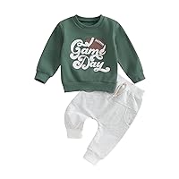 Karuedoo Toddler Baby Boy Girl Football Outfit Crewneck Long Sleeve Pullover Sweatshirt Tops Pants Set Fall Winter Clothes (Game Day-Green, 12-18 Months)
