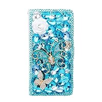 Crystal Wallet Case Compatible with Samsung Galaxy A03s - Butterfly Flowers - Blue - 3D Handmade Sparkly Glitter Bling Leather Cover with Screen Protector & Neck Strip Lanyard