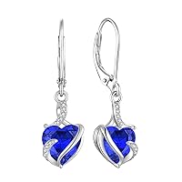 FJ Heart Birthstone Earrings for Women 925 Sterling Silver Leverback Dangle Drop Earrings Jewellery Gifts for Women Girls