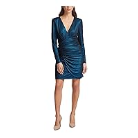 Vince Camuto Womens Teal Zippered Pleated Ruched Lined Long Sleeve V Neck Above The Knee Cocktail Faux Wrap Dress 6