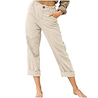 Linen Pants for Women High Waist Pants Button Up Straight Leg Cropped Pants Elastic Waist Casual Pants Trousers