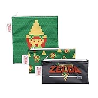 Bumkins Nintendo Reusable Sandwich and Snack Bags, for Kids School Lunch and for Adults Portion, Washable Fabric, Waterproof Cloth Zip Bag, Travel Pouch, Food-Safe Storage, 3-pk Legend of Zelda