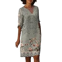 Independence Day Travel Short Sleeve Tunic Dress Lady Mini Modern with Pockets V Neck Dress Ladie's Print Grey L