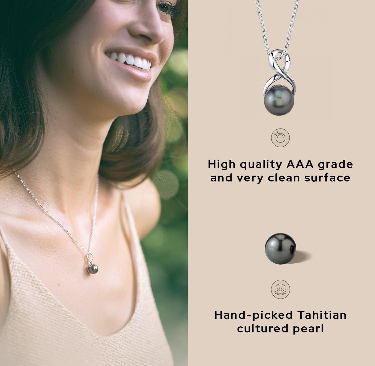 The Pearl Source Real Pearl Pendant for Women with Genuine AAA Quality Black Tahitian Cultured Pearl with Infinity Design | 14K Gold Plated 925 Sterling Silver Necklace