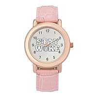 Stay Woke Womens Watch Round Printed Dial Pink Leather Band Fashion Wrist Watches