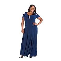 R&M Richards Long Mother of Bride Plus Size Formal Dress| Cap Sleeve, Zipper Back, Full-Length