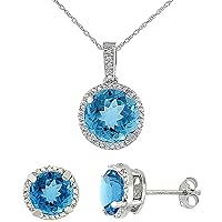 Silver City Jewelry 10K White Gold Diamond Natural Swiss Blue Topaz 7mm Earrings & 11mm Pendant Round Set