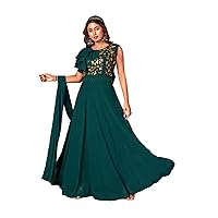 Green tribal New Age handwoven Bead work draped Gown Frill sleeve Cocktail outfit Gown 3535