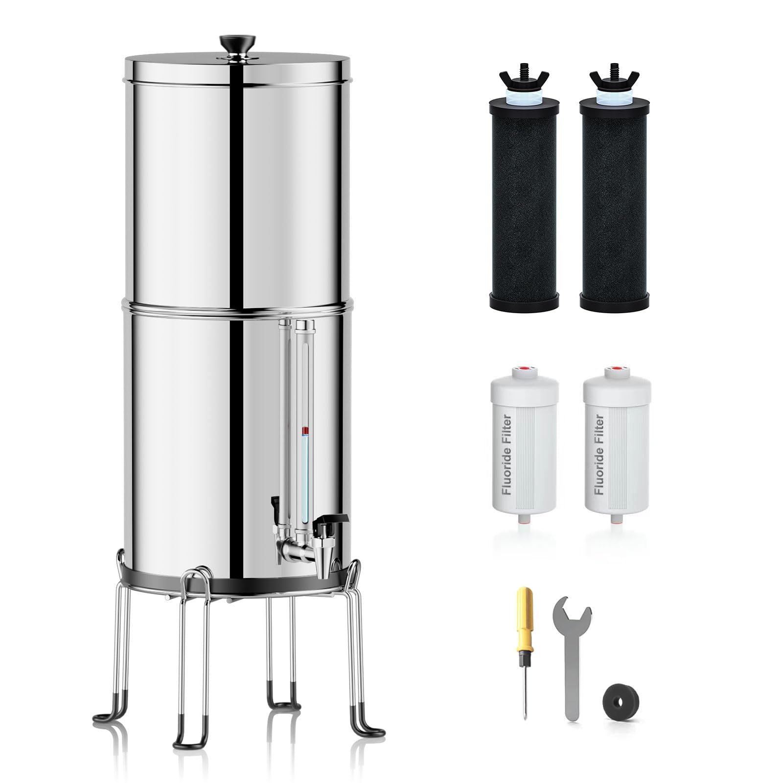 Purewell 8-Stage 0.01μm Ultra-Filtration Water Filter System, 304 Stainless Steel Countertop System with 4 Filters, Metal Water Level Spigot and Stand, Reduce Fluoride and Chlorine, 2.25G, PW-OB-CF