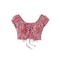 OYOANGLE Women's Plaid Print Off Shoulder Short Sleeve Tie Front Cut Out Y2k Crop Blouse Tops