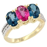 10K Yellow Gold Natural Pink Topaz & London Blue Topaz Sides Ring 3-Stone Oval 7x5 mm Diamond Accent, Sizes 5-10
