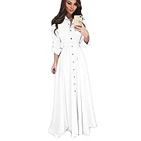 Women's Elegant Maxi Dress Button Down up Long Sleeve Maxi Dresses for Women Vintage Flowy Dress Belt Swing Dress