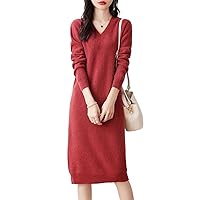 Solid Wool Winter Cashmere Thick Dresses Female V-Neck Wool Clothing