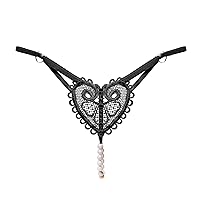 Women's Pearls Floral Lace Beads Sexy Criss Cross Mid Rise Thong Panties Sexy Micro Underpant Pendant Pearl G String Lingerie
