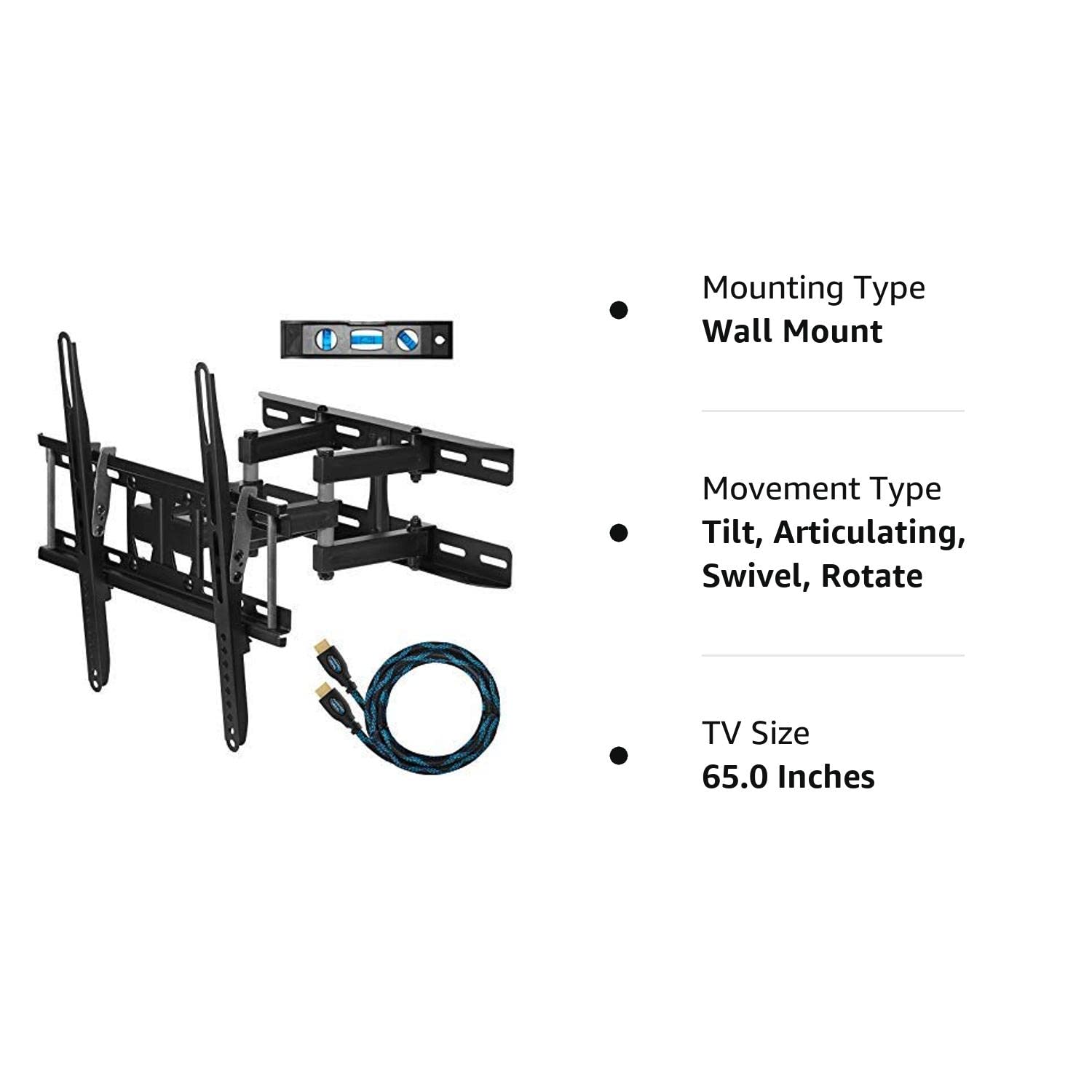 Cheetah Mounts APDAM3B Dual Articulating Arm TV Wall Mount Bracket for 20-65” TVs up to VESA 400 and 115lbs,Mounts on Studs up to 16”, Includes Twisted Veins 10’HDMI Cable and 6” 3-Axis Bubble Level