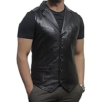 Mens Leather Waistcoat Genuine Lambskin Vest (Black, XL)