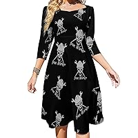 Iron Worker Skull Midi Dresses for Women Tie Flared A-Line Swing 3/4 Sleeves Cute Sundress