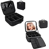 Relavel Travel Makeup Bag & Makeup Bag with LED Mirror, Adjustable Dividers, Professional Brush Section, Rechargeable Vanity Mirror with 3 Color Lights Black