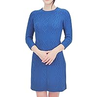 YEMAK Women's Knit Sweater Dress – 3/4 Sleeve Casual Crewneck Pompom Cable Knitted Soft Pullover Mini One Piece