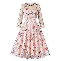IMEKIS Vintage Mesh Sleeve Embroidered Floral Dress for Women 1950s Retro Illusion Round Neck A-Line Cocktail Swing Dress