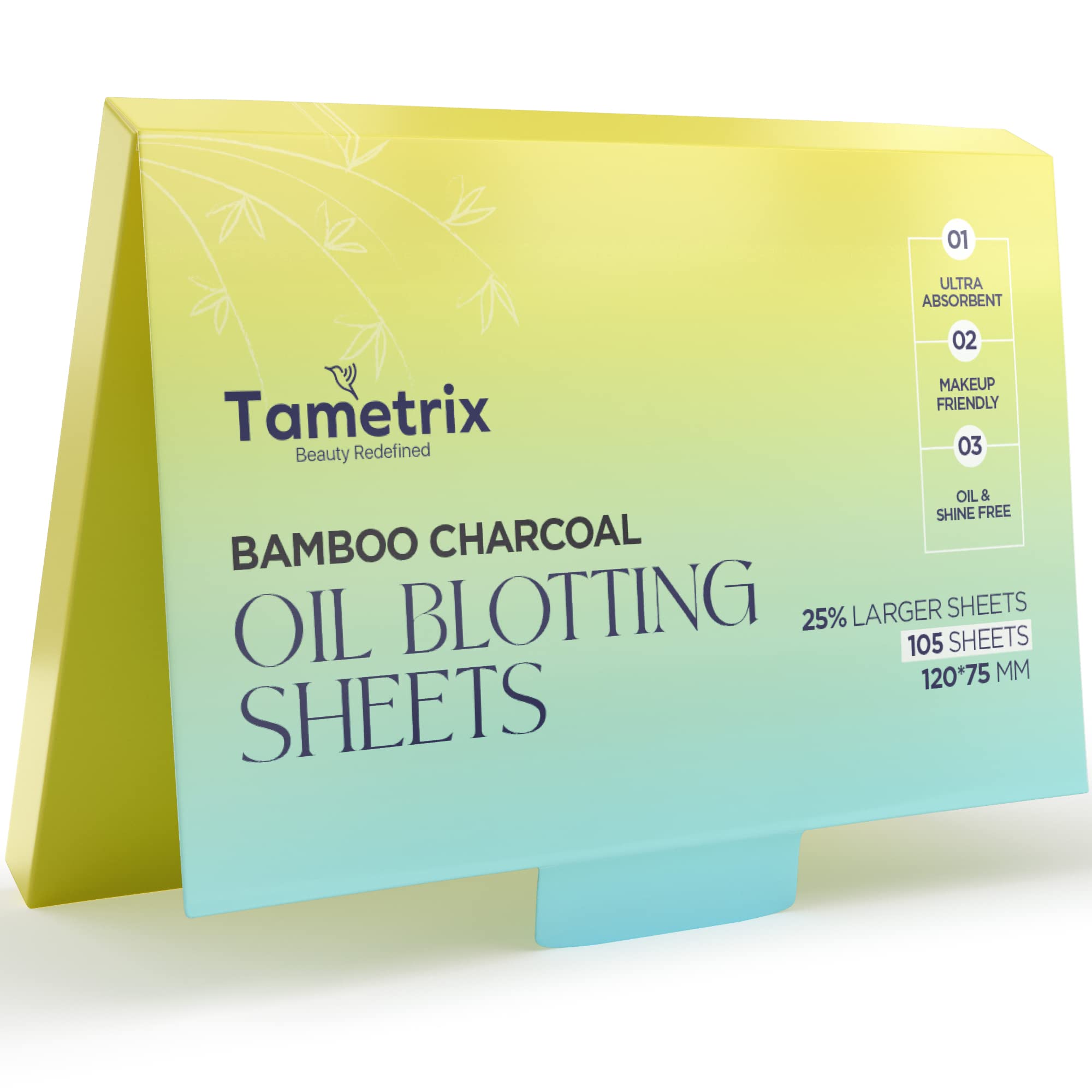 Tametrix Natural Bamboo Charcoal Oil Absorbing Sheets for Face - 25% larger Makeup Friendly Blotting Paper for Oily Skin - Easy to Pull One - 105 Count Oil Absorbing Tissues for Facial Skin Care