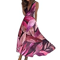 Dresses for Women 2024 Casual, Short Sleeve Floral Flowy Maxi Dress V Neck A Line Casual Beach Long Dresses Pink Spaghetti Strap Dresses Maxi Summer Bridal Outfit Dresses (S, Hot Pink)