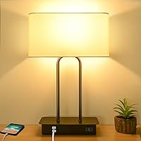 3-Way Dimmable Touch Control Table Lamp with 2 USB Ports and AC Power Outlet Modern Bedside Nightstand Lamp Fabric Shade and Metal Base for Guestroom Bedroom Living Room Hotel LED Bulb Included White