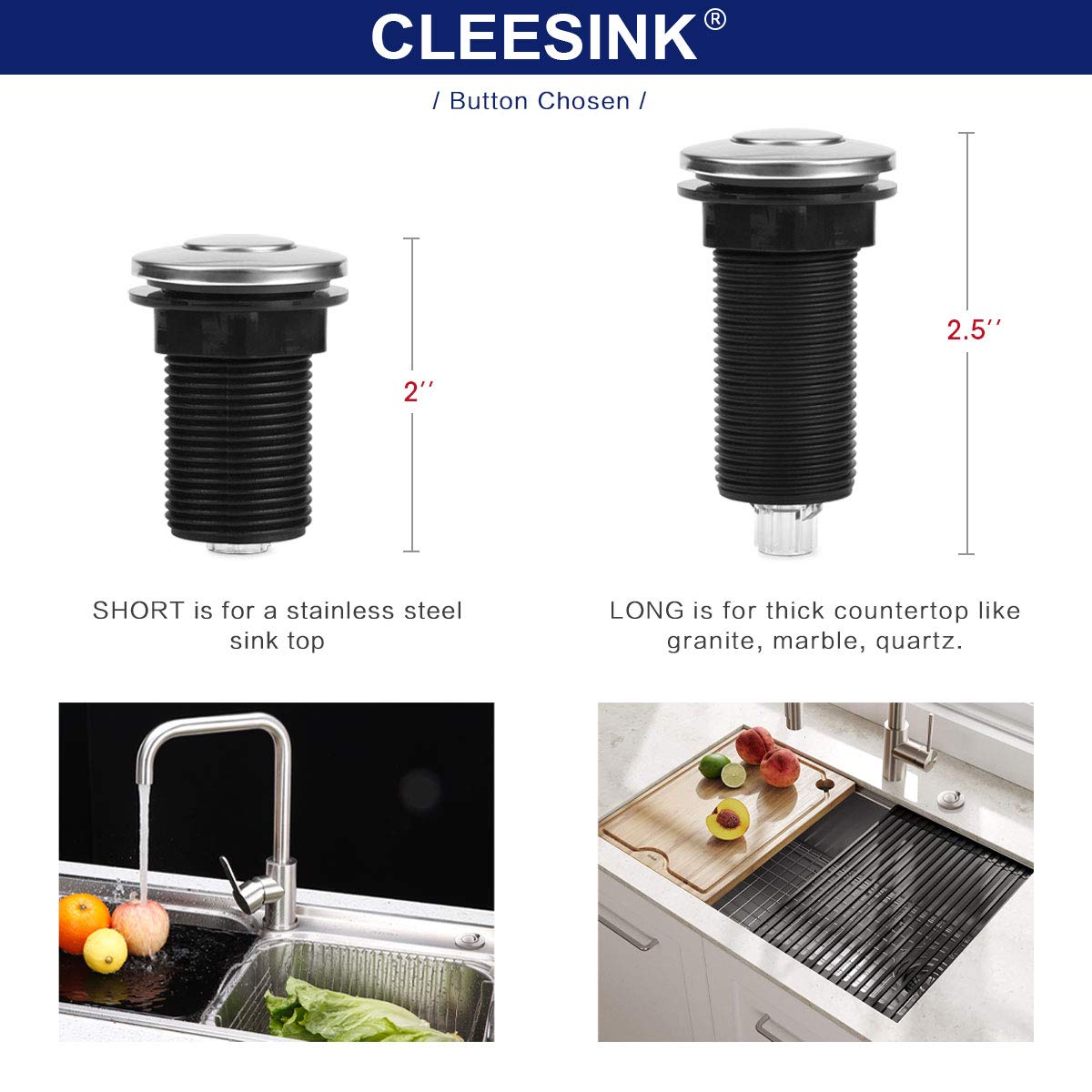 Garbage Disposal Air Switch Kit, Sink Top Waste Disposer On/Off Switch with Aluminum Alloy Power Module (LONG POLISHED STAINLESS STEEL BUTTON) by CLEESINK