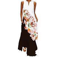 Women's Fashion Maxi Dresses Floral Boho Summer Dress Printed V Neck Sleeveless Casual Vacation Sundress with Pockets