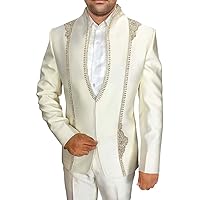 Mens Cream 3 Pc Partywear Suit Stand Collar Embroidered PW236
