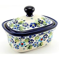Polish Pottery Butter Tub - Azure Daisy Delight Pattern - Handmade and Hand-Painted Stoneware from Zaklady Ceramiczne 'Boleslawiec' - 2 Cup Capacity, W 4