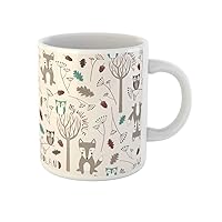 Coffee Mug Cute Woodland Wolf and Owl in Childish Cartoon Pattern 11 Oz Ceramic Tea Cup Mugs Best Gift Or Souvenir For Family Friends Coworkers