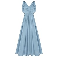 YiZYiF Women's Flutter Sleeve Chiffon Maxi Formal Dress V Neck Wrap Wedding Bridesmaid Dress