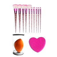 Unicorn star point crystal handle spiral pattern makeup brush set, advanced synthetic foundation brush mixed shadow makeup brush Foundation, blush, eyeshadow brush and makeup brush set, with blender sponge and brush cleaner (10+2 pcs, red pink) (one size, red pink)