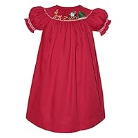 Girls Red Christmas Bishop Dress with Smocked Santa and Sleigh for The Holidays