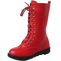 Kid's Girl's Waterproof Leather Lace-Up Zipper Mid Calf Combat Boots Outdoor Riding Boots