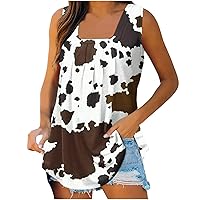 Womens Tank Tops Loose Fit Summer Pleated Square Neck Flowy Hem Shirt Cute Funny Floral Print Sleeveless Blouse