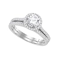 14kt White Gold Womens Round Diamond Halo Bridal Wedding Engagement Ring Band Set 1-1/5 Cttw