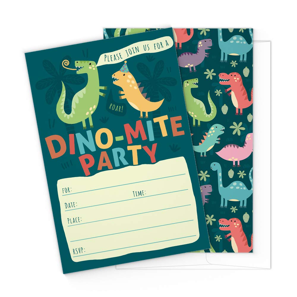 Dinosaur Kids Party Invitation Cards - Lots of Fun with a Pun! 25 Invites with Envelopes for T-Rex Kids Party, Jurassic Birthday or a Dino Themed Baby Shower.