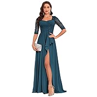 Plus Size Mother of The Bride Dresses Peacock Ruffles Half Sleeves Lace Evening Gown with Slit Size 18W