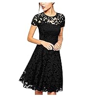 Womens Summer Dresses 2024 Summer Casual Solid Color O-Neck Side Zipper Short-Sleeve Stitching Lace with A-line Dress