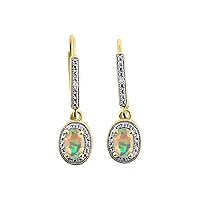 Women's 14K Yellow Gold Dangling Earrings - Oval Shape Gemstone & Diamonds - 6X4MM Birthstone Earrings - Exquisite Color Stone Jewelry