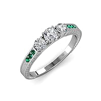 Diamond Milgrain Work Three Stone Ring with Emerald on Side Bar 0.85 ct tw in 14K White Gold