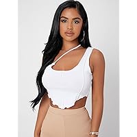 Solid Asymmetrical Neck Crop Top (Color : White, Size : XX-Small)