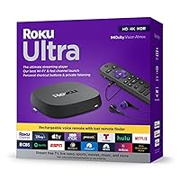Ultra | The Ultimate Streaming Device 4K/HDR/Dolby Vision/Atmos, Rechargeable Roku Voice Remote Pro, Ethernet Port, Hands-Free Controls, Lost Remote Finder, Free & Live TV