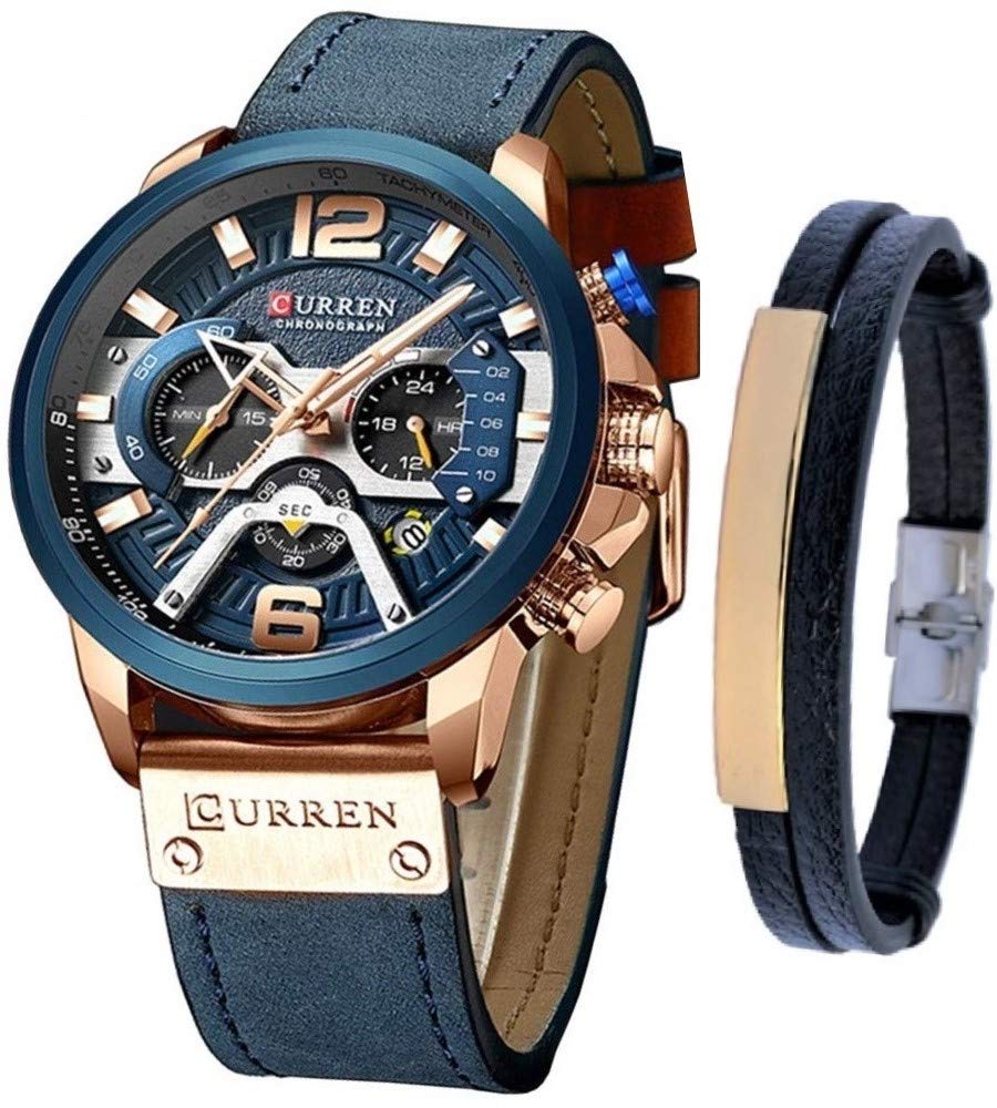 CURREN Uhren Herren Quarz Leder Chronograph Uhr und Mode Armband Set Analog Uhren für Männer Luxus Armbanduhr Geschenke für Papa Freund