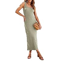 AlvaQ Women's 2024 Summer Tank Dress Casual Basic Sleeveless Sundress Textured Split Bodycon Long Maxi Dresses