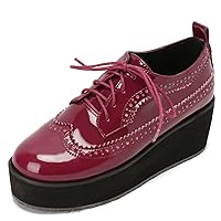 LUXMAX Women Platform Wedge Oxford Shoes Patent Leather Lace Up Wingtip Vintage Pumps